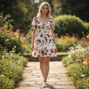 Thirty/Thirty LA Red Rose Floral Tiered Mini Dress Cottagecore Cream Small NWT